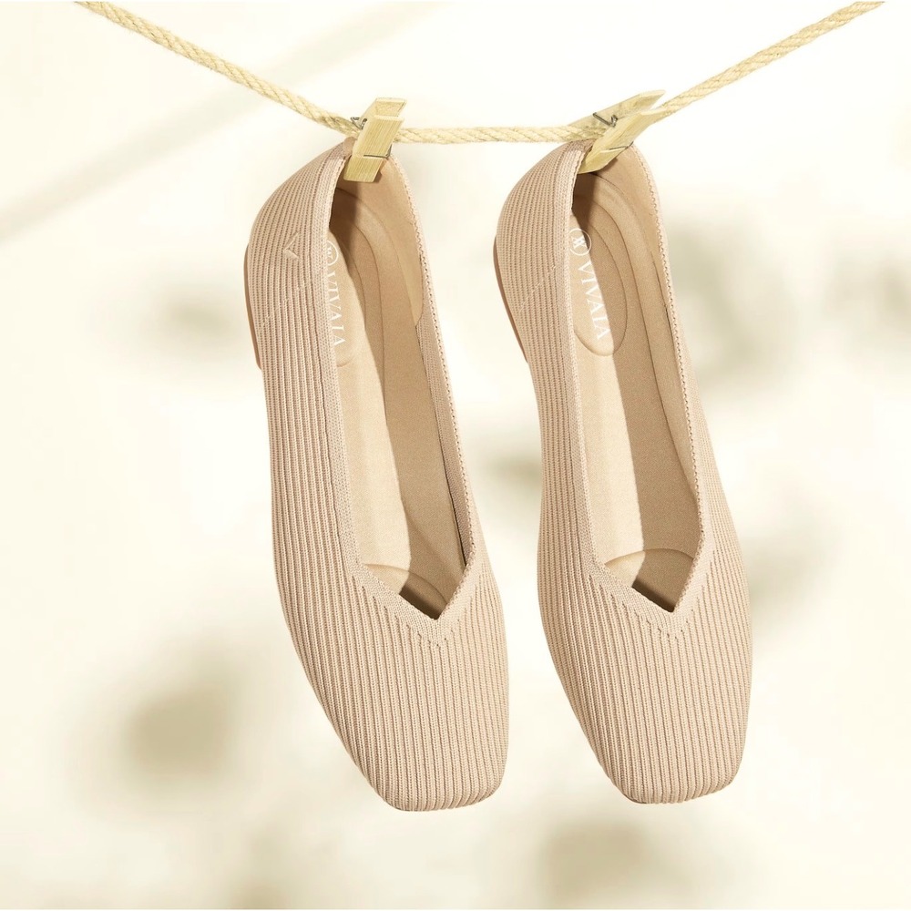 VIVAIA‎ Size 5 Square-Toe V-Cut Flats Margot 2.0 Knit Ballet Flats Beige Slip On